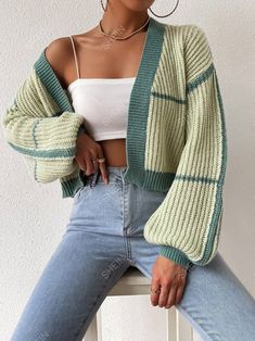 Free Returns ✓ Free Shipping✓. SHEIN EZwear Contrast Trim Lantern Sleeve Duster Cardigan- Women Cardigans at SHEIN. Drop Shoulder Cardigan, Fall Cardigans, Cardigan Casual, Short Cardigan, Knitted Coat, Knit Shorts, Open Front Cardigan, Striped Knit, Green Stripes