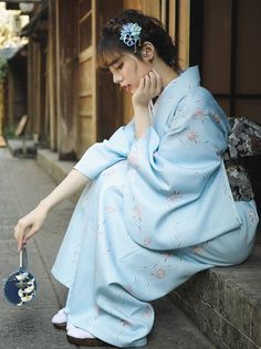 ❤ice blue flower yukata❤︎ Elegant Blue Floral Print Kimono, Blue Kimono For Spring Tea Ceremony, Blue Kimono With Kimono Sleeves For Tea Ceremony, Traditional Blue Kimono For Tea Ceremony, Traditional Blue Floral Kimono, Traditional Blue Floral Print Kimono, Elegant Blue Kimono For Summer, Traditional Kimono For Spring Tea Ceremony, Light Blue Kimono