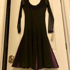 Fit And Flare Long Sleeved Lace Black Dress With Purple/Black Polka Dots Panel Skirt Never Worn With Tags Colorful Short Dresses, Lace Black Dress, Black Flare Dress, Quilted Dress, Black Beaded Dress, Queen Dresses, Panel Skirt, Queen Black, Paneled Skirt