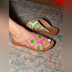 Fun And Creative Yet Super Comfy Casual Beach Sandals With Crochet Trim, Casual Sandals With Crochet Trim For Beach, Casual Crochet Trim Sandals For Beach, Casual Spring Sandals With Crochet Trim, Summer Vacation Sandals With Crochet Trim, Casual Open Toe Sandals With Crochet Trim, Wild Diva Shoes, White Green, Flat Sandals