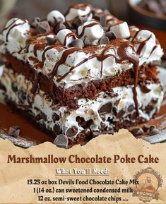 a poster advertising marshmallow chocolate poke cake