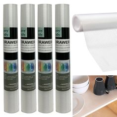 four different types of water filters on a counter top and in front of the same product