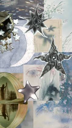 an artistic collage with multiple images of stars and other things in the sky above them