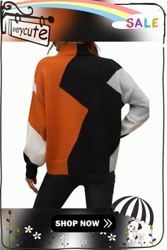 Orange Color Block Crew Neck Knit Pullover Sweater Casual Color Block Acrylic Sweater, Cozy Color Block Tops For Fall, Casual Acrylic Color Block Sweater, Winter Color Block Acrylic Outerwear, Fall Color Block Acrylic Cardigan, Color Block Sweater For Winter Layering, Casual Turtleneck Knit Top, Color Block Long Sleeve Acrylic Outerwear, Winter Color Block Sweater For Casual Wear