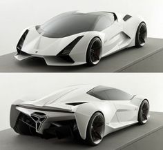 two views of an electric sports car, one in white and the other in black