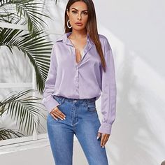 Brand New. Never Worn But No Tags. Very Soft And Flowy. Size Small Purple Button-up Blouse For Party, Silver Long Sleeve Top With Button Closure, Elegant Silver Button-up Tops, Silk Long Sleeve Blouse, Satin Silk, Casual Top, White Silver, Silk Satin, Casual Tops