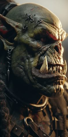 an evil looking creature with horns and chains on his face, in the middle of a scene