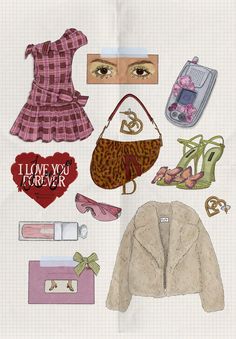 the paper doll has many different items on it's face, including shoes and purses