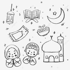 an illustration of muslim children in front of the moon, mosque and crescent with stars