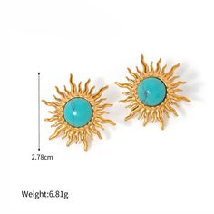 Elevate Your Style with Exquisite Elegance Indulge in the radiance of our 18k Gold Plated Turquoise Inlay Sunflower Dangle Earrings, meticulously crafted to captivate attention and elevate your ensemble to unparalleled heights. With a stunning sunflower shape adorned with turquoise accents, these earrings exude a timeless charm that effortlessly complements any occasion. Unmatched Quality and Durability Handcrafted from premium stainless steel and adorned with a luxurious 18k gold plating, our earrings boast exceptional durability and longevity. The high-quality materials ensure resistance to fading and scratching, guaranteeing a lustrous finish that withstands the test of time. Plus, our waterproof design ensures worry-free wear, allowing you to shine bright even on rainy days. Embrace Ve Elegant Turquoise 14k Gold Filled Earrings, Turquoise 14k Gold Filled Bohemian Earrings, Turquoise Gold Plated Drop Earrings, Turquoise Clip-on Round Earrings, Turquoise Bohemian 14k Gold-filled Earrings, Turquoise Accents, Inner Beauty, Gold Earrings Dangle, Rainy Days