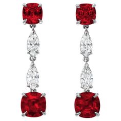 GIA-Certified Natural Unheated Ruby and Diamond Platinum Earrings – A Romantic Luxury Gift - Merkaba Beverly Hills. Indulge in the ultimate expression of love and sophistication with these GIA-certified natural unheated ruby and diamond earrings. Expertly crafted in platinum, these exclusive earrings feature 4.35 carats of vivid red rubies, paired with 0.86 carats of marquise-cut diamonds, creating an enchanting piece of fine jewelry. Designed at 1 inch in length, these earrings are perfect for Cushion Cut Diamond Earrings, Ruby And Diamond Earrings, Ruby Diamond Necklace, Star Ruby Ring, Diamond Chandelier Earrings, Ruby Set, Vintage Drop Earrings, Marquise Shape Diamond, Platinum Earrings