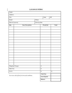 a printable invoice form with the words'layaway form'on it