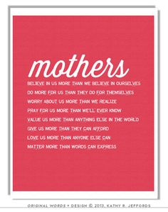 a red poster with the words mothers written in white on it, against a pink background