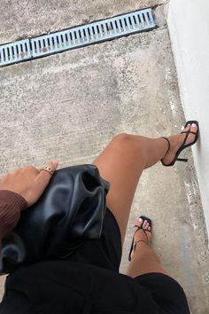 Black Faux Leather Square Toe Strappy Heels - MomyMall Leather Dress Fashion, Sleek Dress, Stylish Heels, High Heel Mules, Pretty Legs, Heel Mules, Cocktail Attire, Pleated Mini Dress, Leather Finish