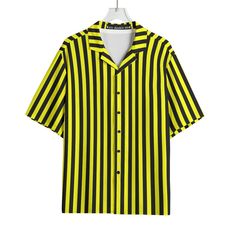 Yellow Bee Stripe Clowncore Rayon Shirt! Clown in COMFORT in our 100% rayon buttondown. Soft breezy silky rayon is my absolute favorite natural fiber for summer--it drapes so beautifully and feels silky soft on the skin, especially wonderful in hot weather. Style need not be gendered--check our sizing chart and find a great fit for you. Be extra #Clowncore #Maximalist let's gooooooooooooooooooo✌️ YESDOUBLEYES has FREE GLOBAL SHIPPING🌎 alt clown punk fashions for Pride fest, rave, Burning Man, music festivals, roller derby, funky drag groovy party wear Specially made-to-order and worth the wait! Original artwork by yesdoubleyes ❤️Fabric: 100% rayon ❤️Features: Boxy fit, buttondown, retro collar ❤️Fit: RUNS SMALL please take measurements from clothing you have at home that fits how you like Summer Collared Rayon Shirt, Casual Rayon Collared Shirt, Casual Collared Rayon Shirt, Striped Summer Shirt With Buttons, Striped Button Closure Shirt For Summer, Casual Yellow Tops With Collared Neckline, Striped Shirt With Button Closure For Summer, Yellow Summer Shirt With Button Closure, Spring Rayon Shirt With Button Closure