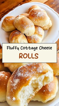 puffy cottage cheese rolls on a white plate with the words, fluffy cottage cheese rolls