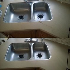 two pictures of the same sink before and after being installed in a kitchen countertop