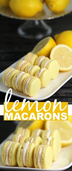 lemon macaroons on a white plate with the words lemon macaroons above them