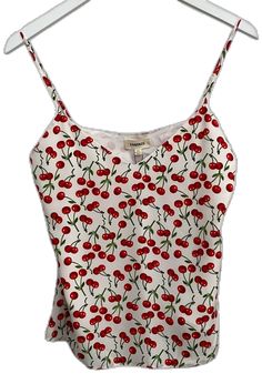 White Trendy Camisole For Spring, Sleeveless Cherry Print Top For Summer, Red Sleeveless Top With Cherry Print, Fitted Sleeveless Cherry Print Tops, Summer Sleeveless Top With Cherry Print, Sleeveless Top With Cherry Print For Summer, Sleeveless Red Top With Cherry Print, Fitted Sleeveless Top With Cherry Print, Trendy White Spring Camisole