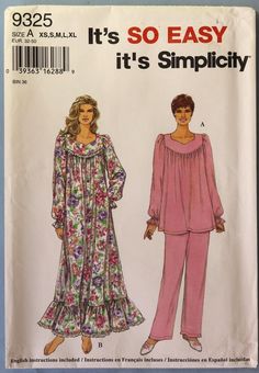 Simplicity 9325.  Misses nightgown and pajamas pattern.  Vintage 1994 Granny nightgown and Pajama top and pants pattern.   Sizes XS-XL  (SZ6-24).  See picture 3 for measurements. Pattern is uncut and factory folded. This is a loose fit, granny style nightgown with hem ruffle, long sleeves with elastic at wrist forming self ruffle.  Trim with lace.  Top has front and back yoke with gathered bodice and long sleeves.  Pants are pull on with elastic waist. So nice and comfortable and cozy - especially for winter. Pajama Gown, Pajamas Pattern, Wrap Skirt Pattern, Nightgown Pattern, Pajama Pattern, Pants Sewing Pattern, Gown Pattern, Simplicity Sewing, Simplicity Sewing Patterns