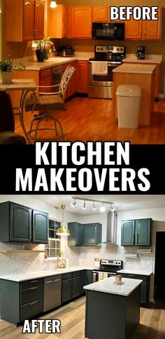 before and after pictures of kitchen makeovers with wood flooring in the middle, black cabinets