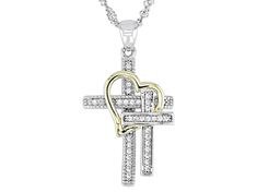 Bella Luce® white diamond simulant 0.34ctw round, rhodium and Eterno™ 18k yellow gold over sterling silver cross pendant. Includes a 18" L x 0.03" W singapore chain that has a 2" extender and lobster claw clasp closure. Pendant measures approximately 1.15" L x 0.63" W and has a 2.8mm bail. The diamond equivalent weight is 0.20ctw. Anniversary Jewelry With Diamond Accents On Cross Pendant, Diamond Accented Cross Pendant For Anniversary, Diamond Accented Cross Pendant Jewelry For Anniversary, Cubic Zirconia Cross Jewelry For Anniversary, White Cross Jewelry For Valentine's Day, Mother's Day White Gold Cross Pendant Jewelry, Sterling Silver Cross Pendant, Silver Cross Pendant, Beading Tools