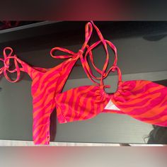 Never Worn Bandeau Bikini Top And Cheeky Bikini Bottoms. Fits A And B Cup Size Neon Stripes, Beach Skirt, B Cup, 2 Piece Swimsuits, Cheeky Bikinis, Cup Size, Orange Pink, Pink Orange, Color Orange