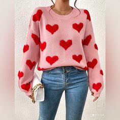 Elegant Long Sleeve Drop Shoulder Sweater, Women's Clothing. Size Small/Medium Material 100% Polyester Bride Lingerie, Fabric Heart, Pullover Outfit, Rose Bonbon, Heart Sweater, Oversize Knit, Oversized Knitted Sweaters, Drop Shoulder Sweaters, Heart Pattern