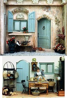 two pictures of a doll house with blue doors and windows