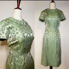 "Beautiful emerald green brocade vintage dress. This piece looks to be hand made. Featuring a back zipper and beautiful fabric that feels like silk. *Please note dress has a couple of safety pins.* Measurements are in inches taken laying flat and doubled. Bust: 36\" Waist: 26\" Hips: 39\" Length: 44\"" Green Brocade Dress For Formal Occasions, Green Vintage Formal Dress, Vintage Green Formal Dress, Formal Green Brocade Dress, Green Brocade Formal Dress, Green Brocade Party Dresses, Green Formal Dress In 1950s Style, Fitted Green Vintage Dress, Vintage Brocade Party Dress