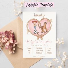 a pink heart shaped card with an image of a cowgirl and horse on it