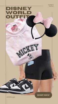 Disney World outfit for women Disney fashion Pink and black Mickey Mouse crewneck sweatshirt Short biker shorts with pockets Pink and black mouse ears Nike dunks Follow my shop @shelbburger on the @shop.LTK app to shop this post and get my exclusive app-only content! #liketkit #LTKtravel #LTKstyletip #LTKsalealert @shop.ltk https://liketk.it/4v7Qk All Black Disney Outfit, Disney Womens Outfits, Short Biker Shorts, Mickey Outfit, Disneyland Fits, Planning 2024, Disneyland 2024, Disney Parks Outfits, Black Mickey Mouse