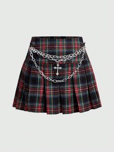 Multicolor Casual Collar  Woven Fabric Tartan Pleated Embellished Non-Stretch  Women Clothing Harajuku Skirt, Minimal Stil, Punk Kawaii, Kawaii Outfits, Chain Skirt, Bunny Cartoon, Stage Presence, Plaid Pleated Skirt, Retro Mode