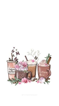 two coffee mugs with flowers on the side and one is filled with hot chocolate