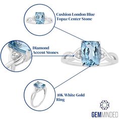 This gorgeous 10k white gold London blue topaz ring showcases diamond accents for a piece that's sure to quickly become a favorite piece in anyone's jewelry collection.Click on this JEWELRY & WATCHES GUIDE to learn about fit, styles, materials and more! Width: 9 mm Metal: 10k white gold Plating: rhodium Finish: polished Packaging: boxedSTONE DETAILS Stone type: London blue topaz Total weight: 3 ct. Center stone size: 9 mm x 7 mm Shape: cushion cut Setting: prongDIAMOND DETAILS Diamond total weig White Gold Diamond Birthstone Ring With Gemstone Accents, White Gold Topaz Ring With Diamond And Gemstone Accents, White Gold Topaz And Diamond Ring, White Gold Topaz Ring With Gemstone Accents For Anniversary, Modern Topaz Ring With Gemstone Accents For Anniversary, Blue Topaz Ring With Diamond Accents For Promise, Fine Jewelry Blue Topaz Birthstone Ring With Diamond Accents, Blue Topaz Promise Ring With Diamond Accents, Blue Topaz Birthstone Ring With Diamond Accents