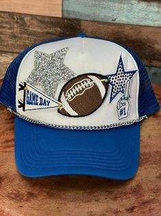 Football Hat, Game Day Trucker Hat, Trucker Hat With Patches, Football Foam Hat - Etsy Hat With Patches, Pennant Flag, Blue Flag, Blue Hat, Gift Accessories, Trucker Cap, Game Day, Creative Ideas, Light In The Dark