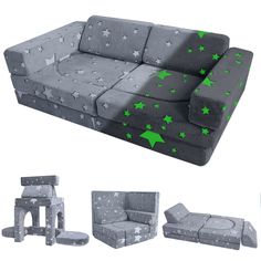 a couch with green stars on it and other furniture