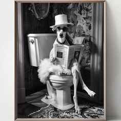 a dog is sitting on top of a toilet reading a book while wearing a hat