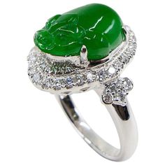 Certified Type A Jadeite Jade and Diamond Cocktail Ring, Best Imperial Green | From a unique collection of vintage Cocktail Rings at https://www.1stdibs.com/jewelry/rings/cocktail-rings/. Jadeite Jewelry, Imperial Jade, Vintage Cocktail Ring, Diamond Cocktail Ring, Mythical Beast, Diamond Cocktail Rings, Vintage Cocktail, Natural Jade, Evil Spirits