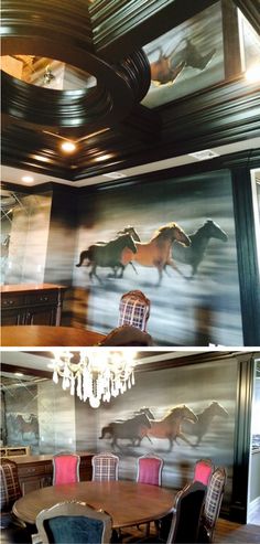 this dining room has horses painted on the wall