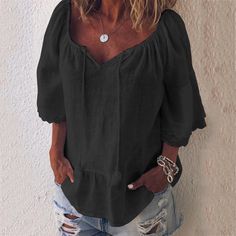 Big V-neck Loose Short Sleeves T-shirt Black Summer Tops For Casual Wear, Black Summer Tops For Casual Gatherings, Casual Black Blouse For Vacation, Black Casual Blouse For Vacation, Casual Solid Color Linen Tops, Elegant Long Sleeve T-shirt For Summer, Trendy Linen V-neck Top, Hip Clothes, Half Sleeve Blouse