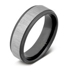 a black and white wedding band with a brushed finish