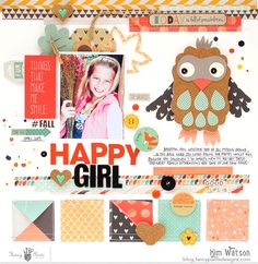 a scrapbook page with an owl and other things on it, including the words happy girl