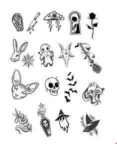 a bunch of tattoos that are on a white background with the words halloween written in it