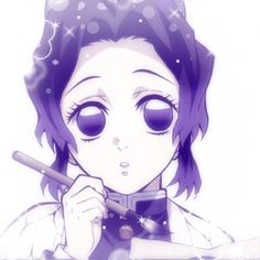 an anime character with purple hair and big eyes is holding a wand in her hand