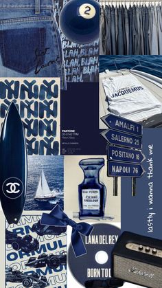 a collage of blue and white items including a surfboard, shirt, tie, jeans