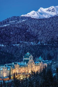 a large building in the middle of a forest with snow covered mountains behind it at night