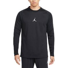 Air Jordan DRI-FIT Logo Printing Round Neck Sports Pullover Long Sleeves Black DC9740-010 (Men's) Casual Winter Training Sweatshirt, Sporty Moisture-wicking Winter Tops, Sporty Moisture-wicking Tops For Winter, Winter Sporty Moisture-wicking Top, Fall Sportswear Tops For Sports, Functional Black Tops With Ribbed Cuffs, Black Functional Tops With Ribbed Cuffs, Technical Long Sleeve Tops For Streetwear, Black Go-dry Tops For Fall