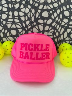 Pickleballer Neon Pink Trucker hat with raspberry font. Adjustable back strap and french terry head band. Summer Sports Baseball Cap One Size, Summer Baseball Cap For Sports Events, Adjustable Novelty Baseball Cap For Spring, Pink Casual Snapback Hat For Baseball Season, Casual Pink Snapback Hat For Baseball Season, Sporty Letter Print Hats For Spring, Trendy Snapback Hat For Sports Events, Summer Baseball Cap With Sweatband, Sporty Hats With Letter Print For Spring