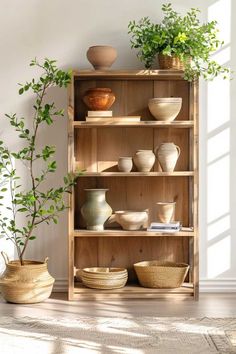 a wooden shelf filled with vases and bowls next to a potted green plant